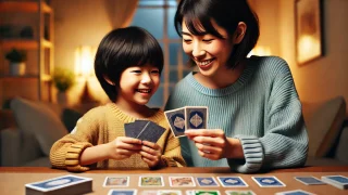 親子で英語のカードゲームを遊ぶ様子