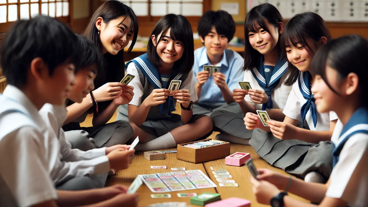 かるた遊びをする小中学生