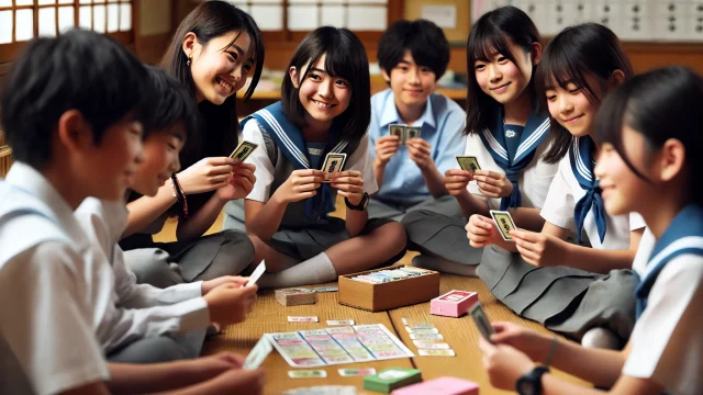 かるた遊びをする小中学生