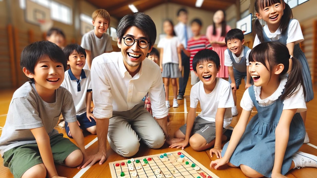 数学の先生とボードゲームをする小学生の子ども