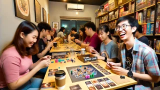 ボードゲームカフェで遊んでいる若者たち