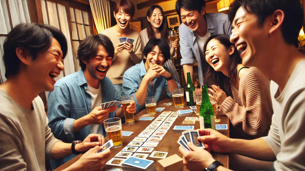 飲み会でボードゲームをして盛り上がっている若者グループ