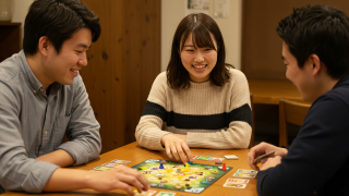 3人でボードゲームをする若者