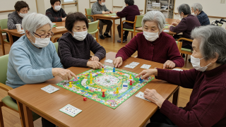 シニアのグループがボードゲームを遊ぶ風景