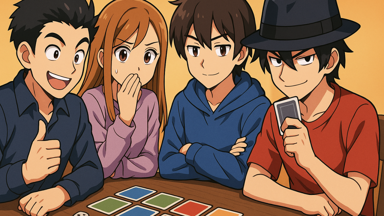正体隠匿系ボードゲームを楽しむ男女のアニメ調の画像