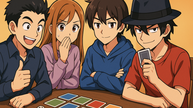 正体隠匿系ボードゲームを楽しむ男女のアニメ調の画像