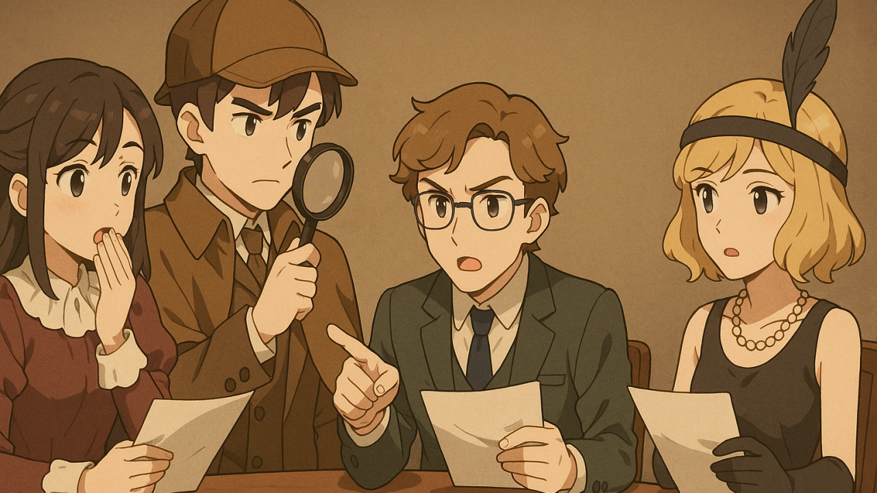 マーダーミステリーを楽しむ男女のイラスト