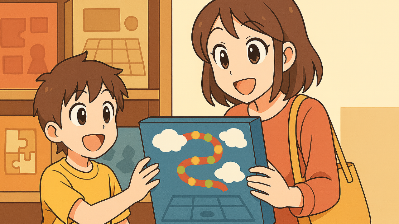 ボードゲームの買い物をする親子のイラスト