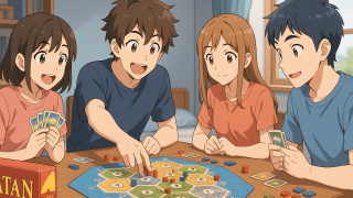 カタンを遊ぶ男女のイラスト