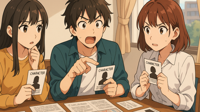 3人でマーダーミステリーを遊ぶ男女のイラスト