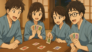 旅館でカードゲームを遊ぶ男女の大学生のイラスト