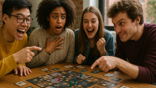 裏切り系ボードゲームを遊ぶ大学生の写真