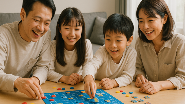ボードゲームを遊ぶ日本人家族の写真