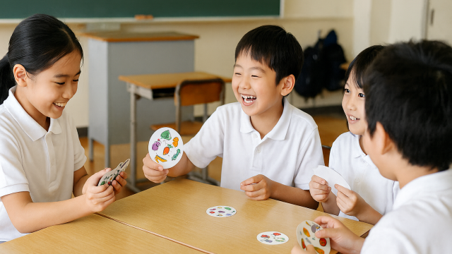 教室でカードゲームを遊ぶ小学生の写真