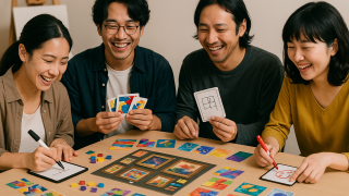 アート系ボードゲームを遊ぶ日本のクリエイターの男女の写真