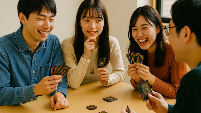 騙し合いのボードゲームを遊ぶ大学生グループの写真