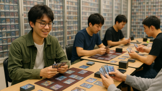 トレーディングゲームを遊ぶ男子大学生の写真