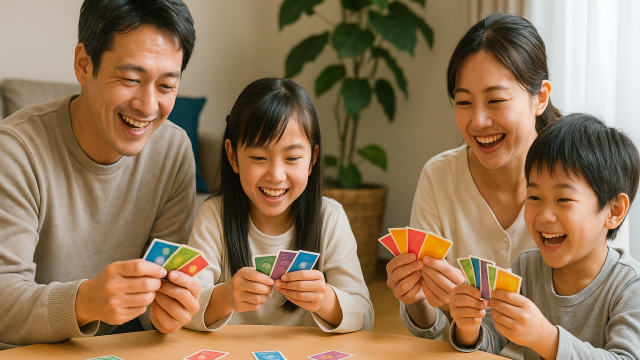 子どもとカードゲームを遊ぶ家族の写真