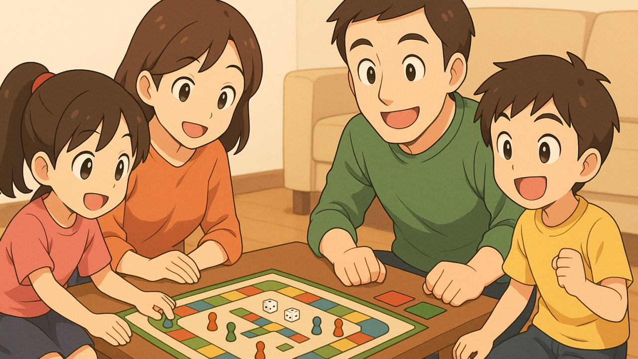 小学生が家族でボードゲームを遊ぶイラスト