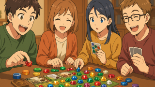 コンポーネントが豪華なボードゲームを遊ぶ男女のイラスト