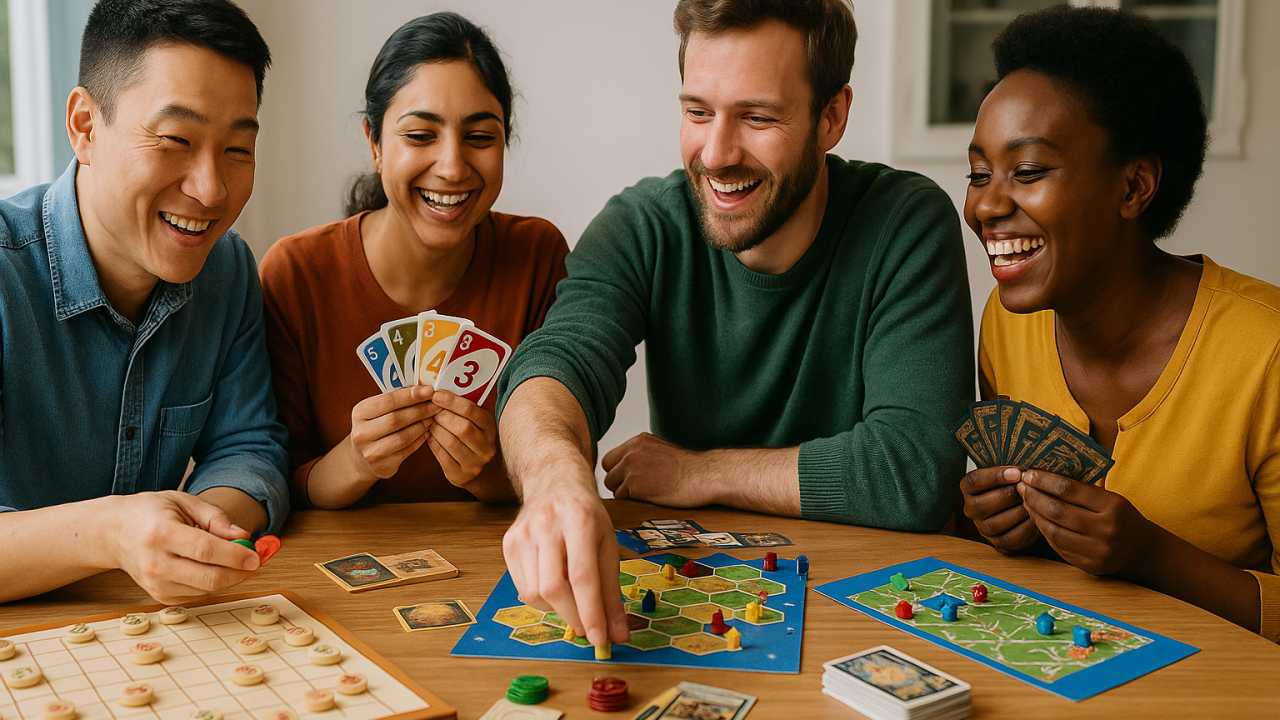 世界の友達と人気のボードゲームを遊んでいる写真