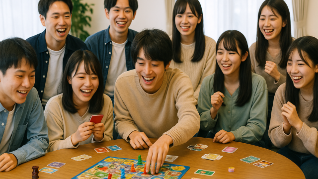 10人の大学生がボードゲームを遊ぶスナップ写真