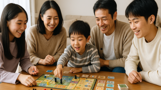 ボードゲームを遊ぶ5人家族