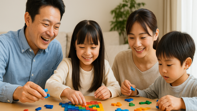 パズルゲームを遊ぶ家族の写真