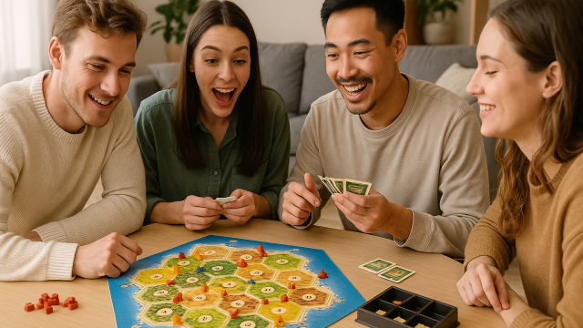 カタンを遊ぶ4人の男女