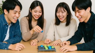 ボードゲームで盛り上がる男女グループ