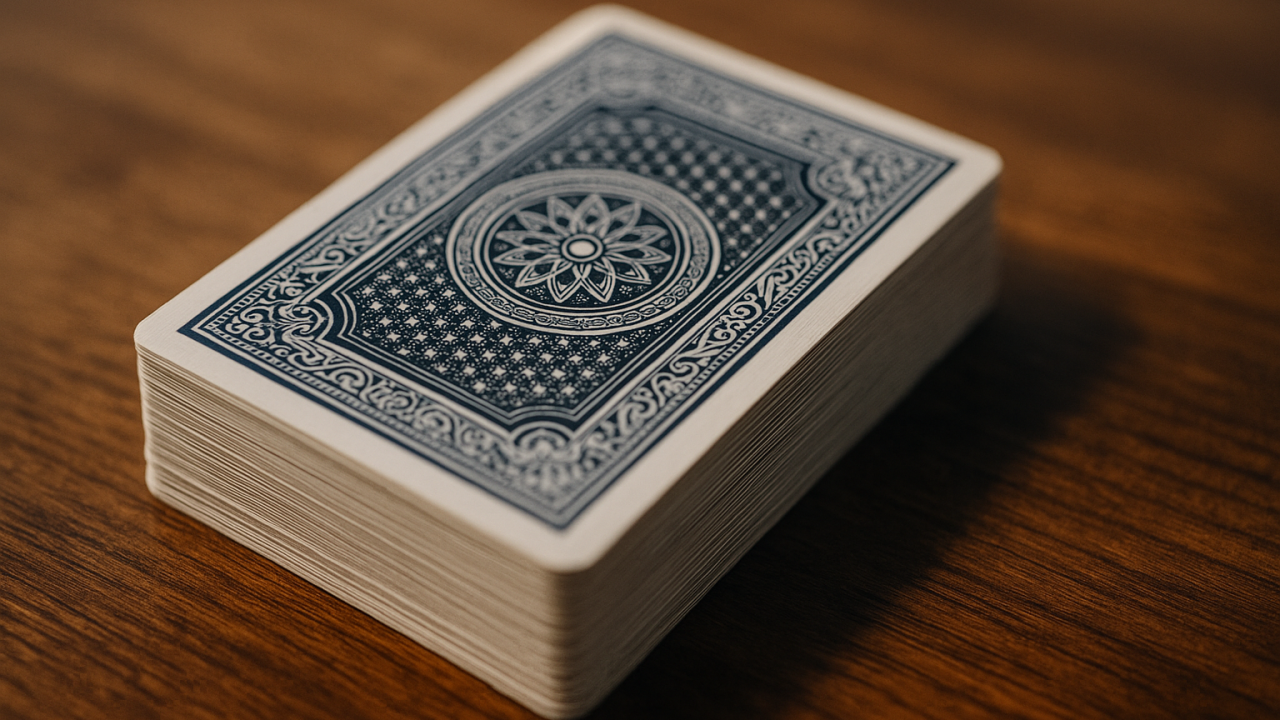 机の上に置かれたカードゲームのデッキ