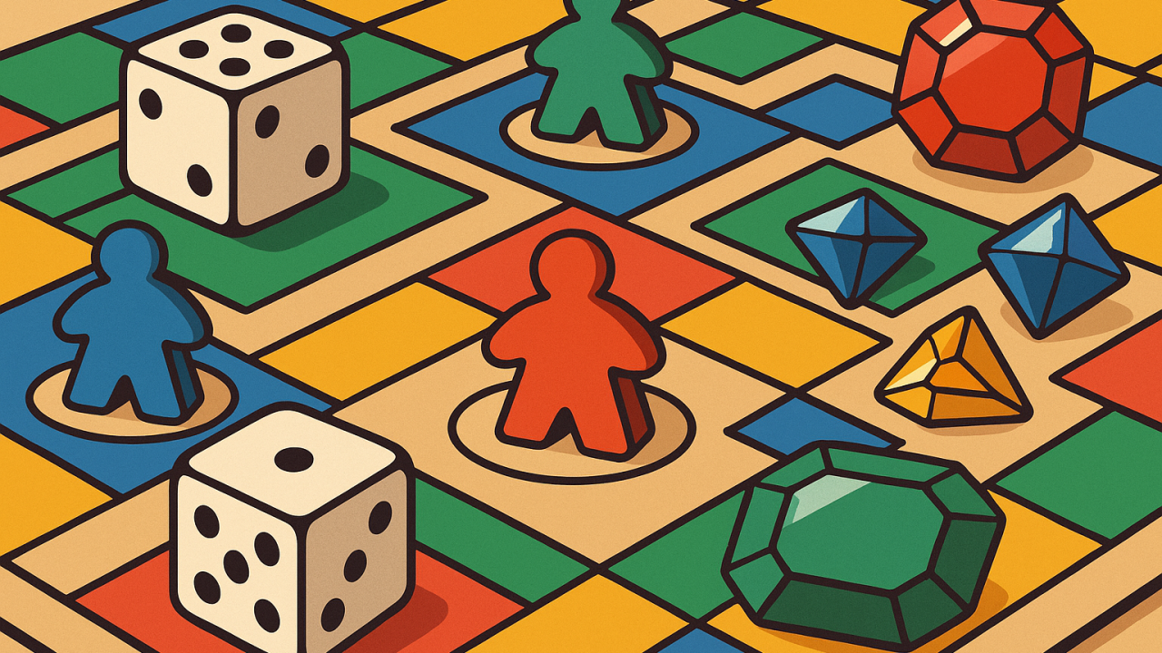 ボードゲームのサイコロとコマと宝石のイラスト