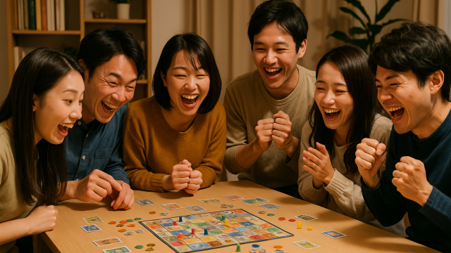 6人でボードゲームを遊ぶ男女グループ