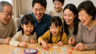 ボードゲームを遊ぶ7人家族