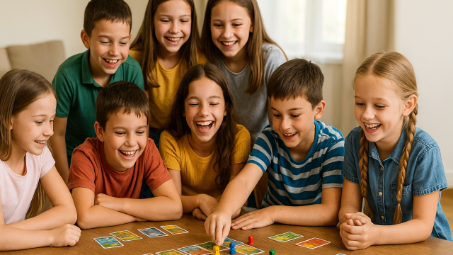ボードゲームを遊ぶ8人の子ども