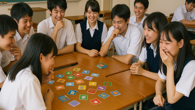 ボードゲームを遊ぶ9人の高校生