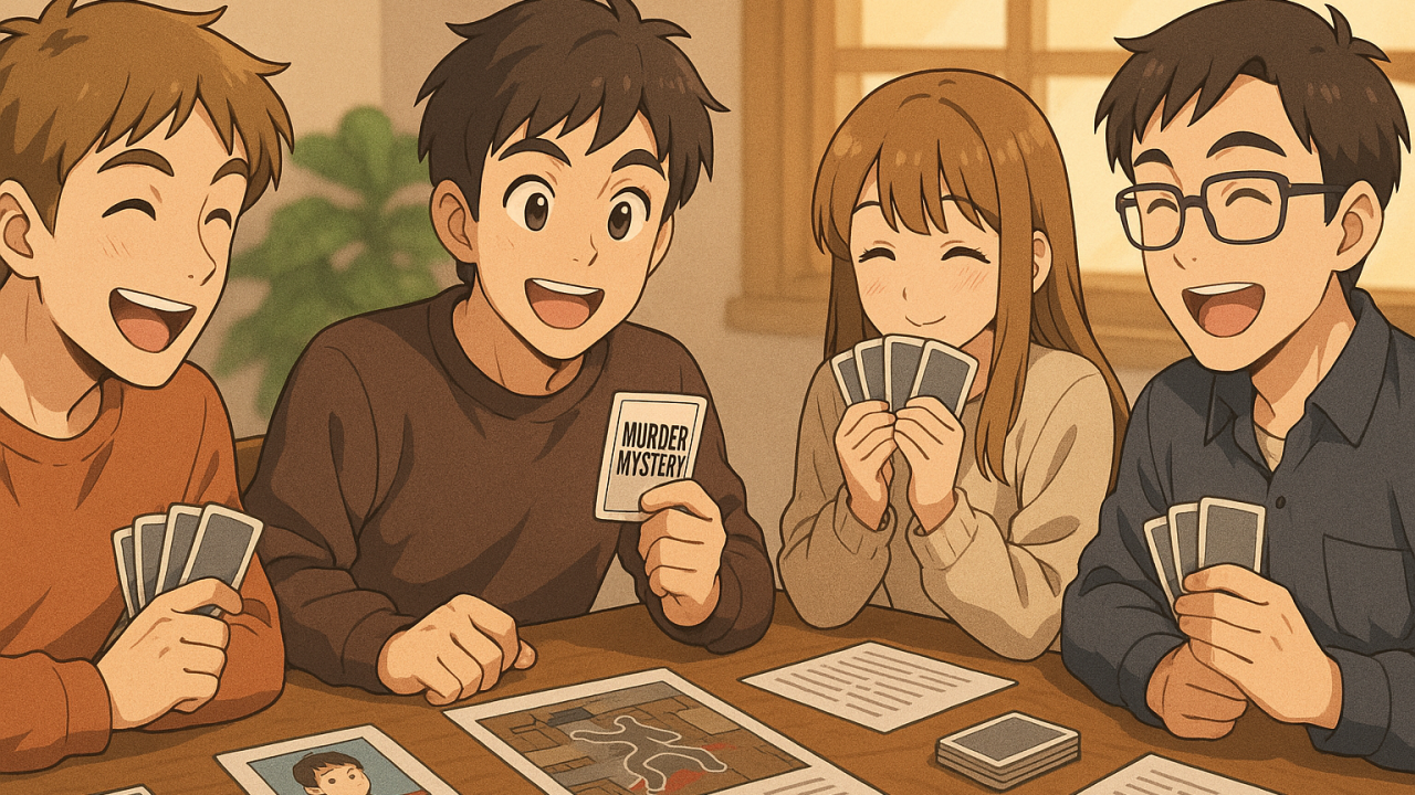 マーダーミステリーを遊ぶ大学生の男女グループ