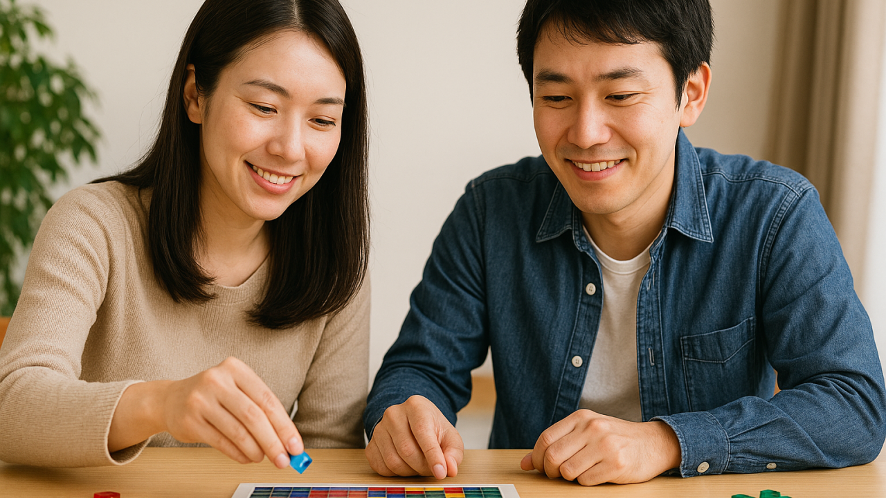 ボードゲームを遊ぶ初心者の30代の男女