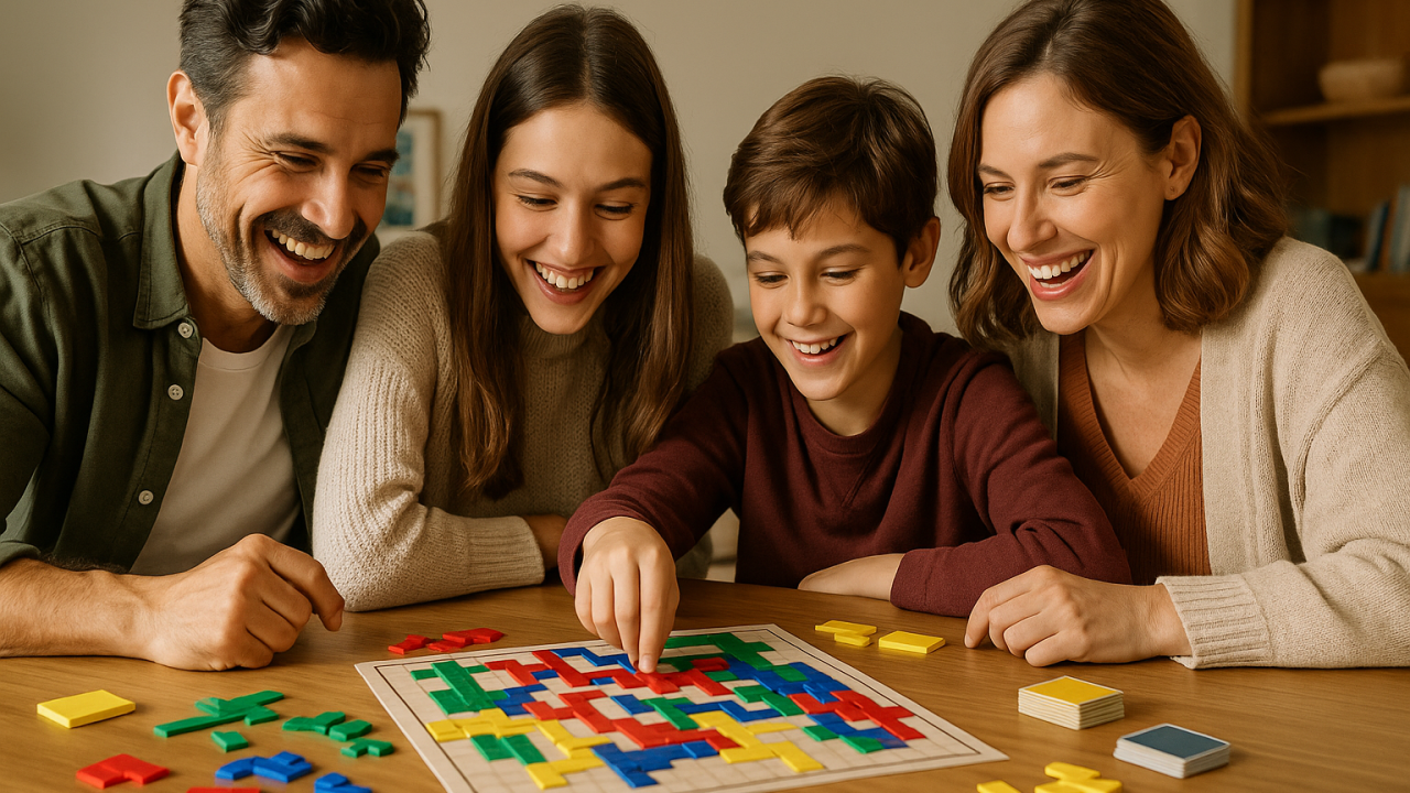 クリスマスのボードゲームを遊ぶ家族の写真