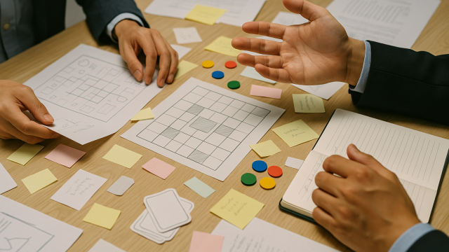 ボードゲームの企画持ち込みをしている写真