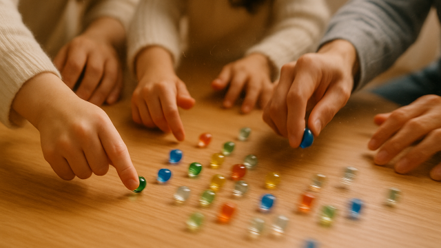 ビー玉のアクション系ボードゲームで遊ぶ家族の手元の写真